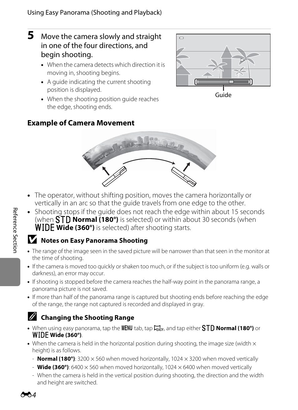Ee “changing the shooting range, E 4), Example of camera movement | Nikon S100 User Manual | Page 112 / 236