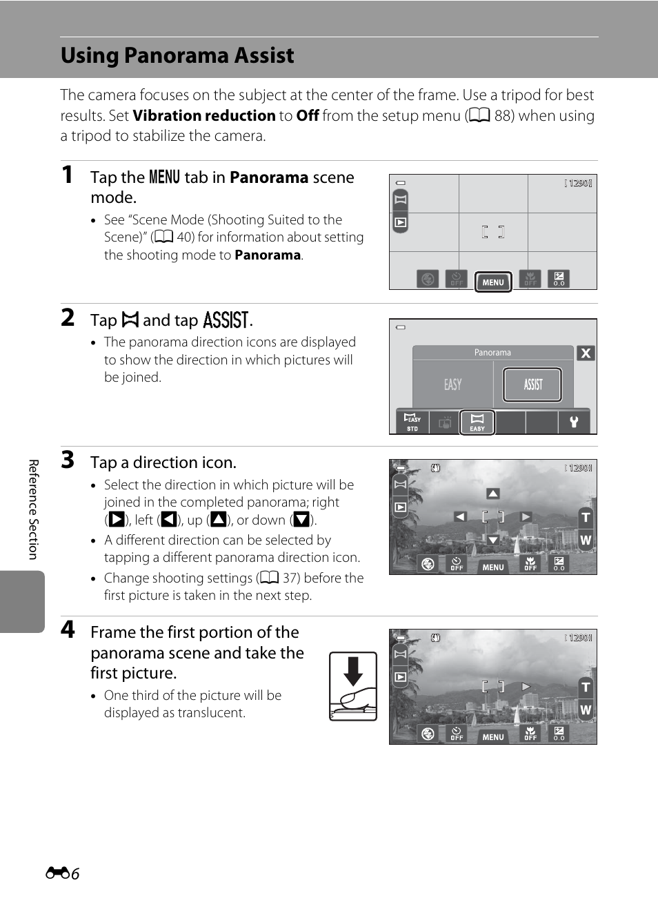 Using panorama assist, Ee “using panorama assist, E 6) | Nikon S100 User Manual | Page 114 / 236