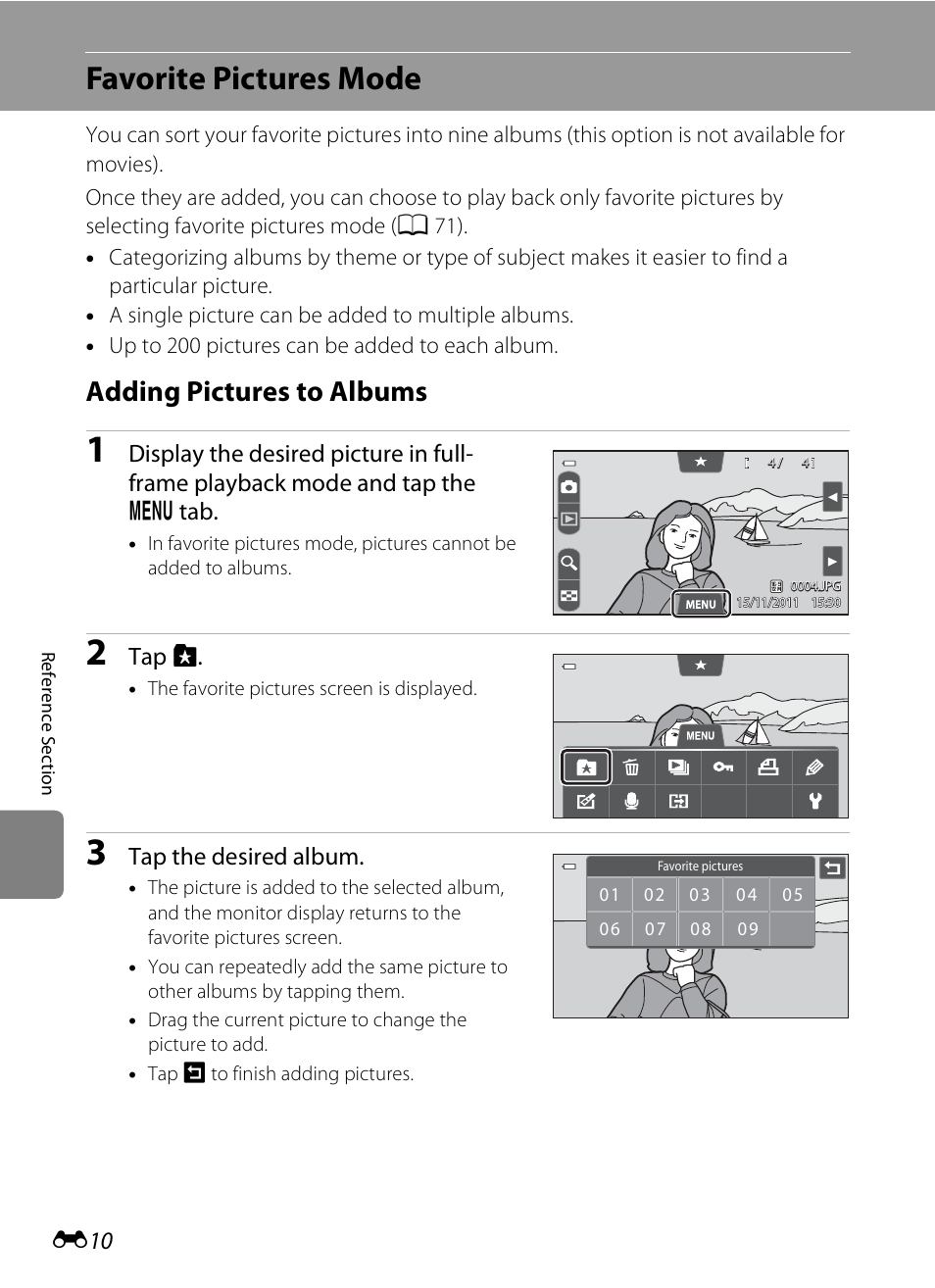 Favorite pictures mode, Adding pictures to albums, E 10 | Tap h, Tap the desired album | Nikon S100 User Manual | Page 118 / 236