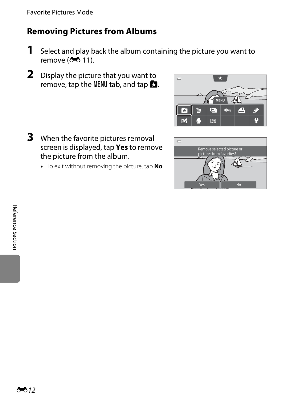 Removing pictures from albums, See “removing pictures from albums” (e 12) f | Nikon S100 User Manual | Page 120 / 236