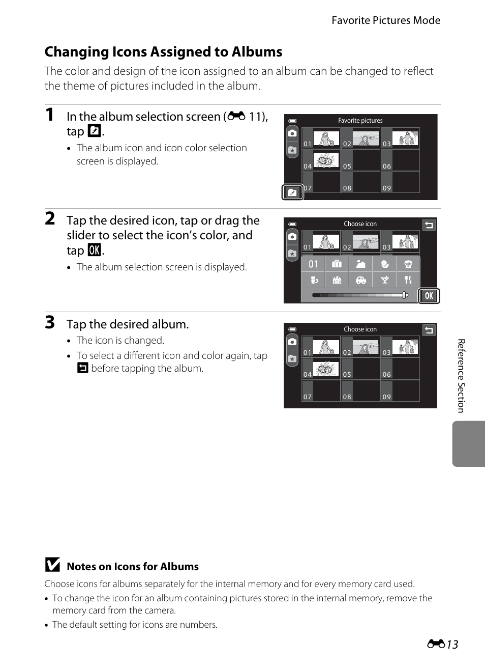 Changing icons assigned to albums, E 13), Tap the desired album | Nikon S100 User Manual | Page 121 / 236