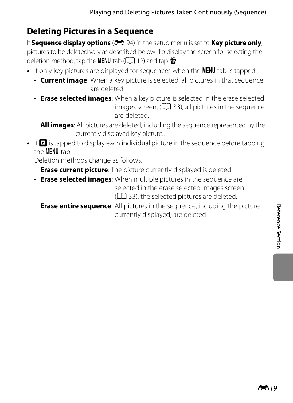Deleting pictures in a sequence, E 19 | Nikon S100 User Manual | Page 127 / 236