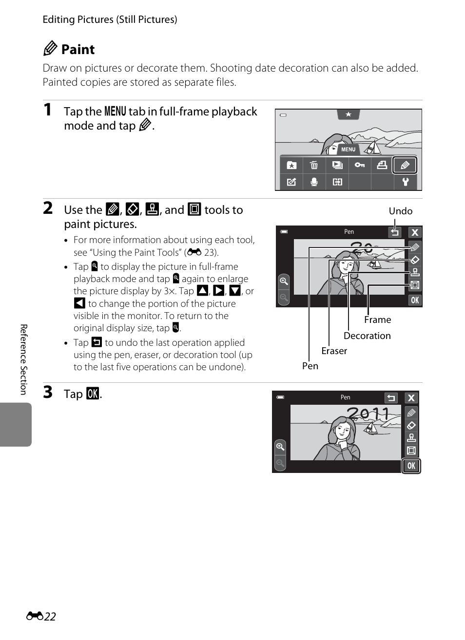 Paint, E 22, E 22) | U paint | Nikon S100 User Manual | Page 130 / 236