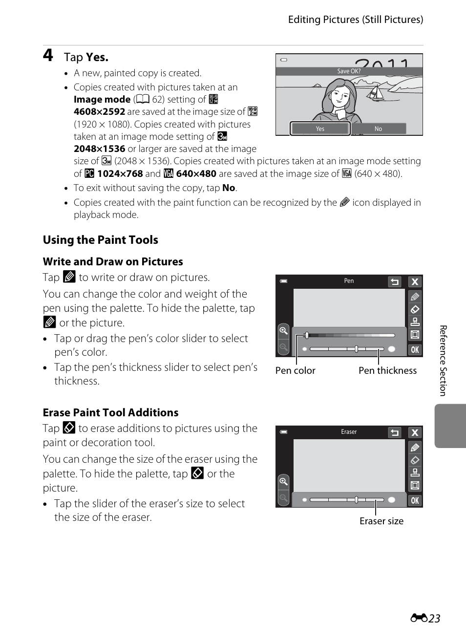 See “using the paint tools, E 23), Tap yes | Using the paint tools | Nikon S100 User Manual | Page 131 / 236