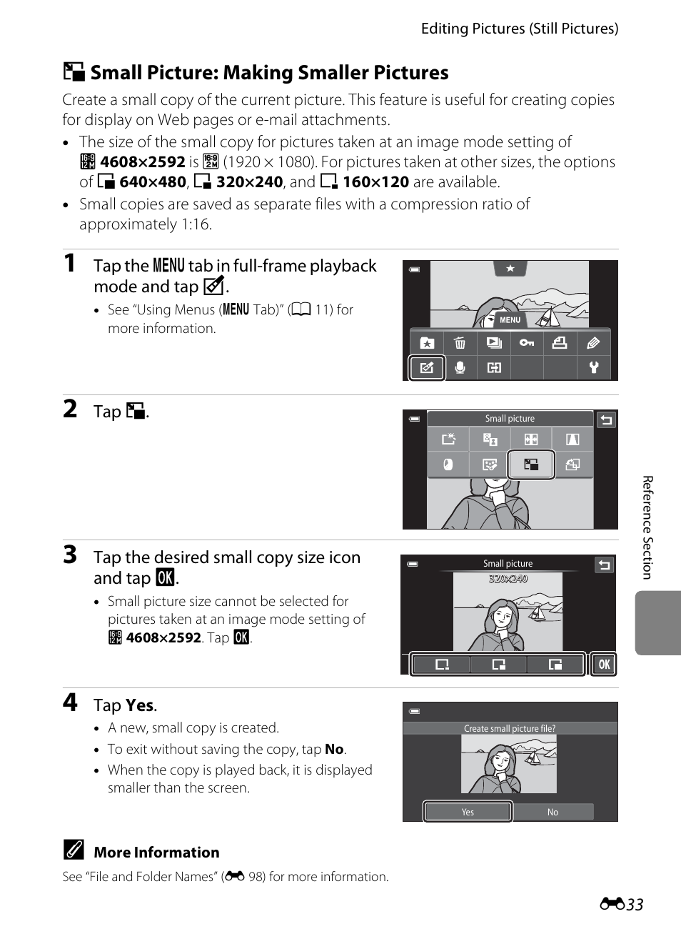 Small picture: making smaller pictures, G small picture: making smaller pictures, E 33) | Nikon S100 User Manual | Page 141 / 236