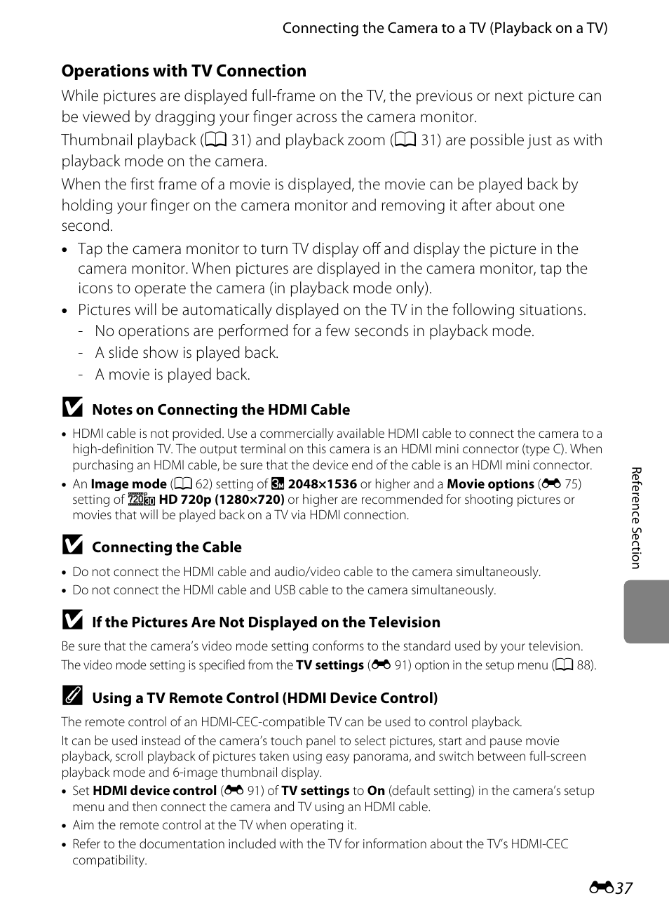 Operations with tv connection” (e 37) for | Nikon S100 User Manual | Page 145 / 236