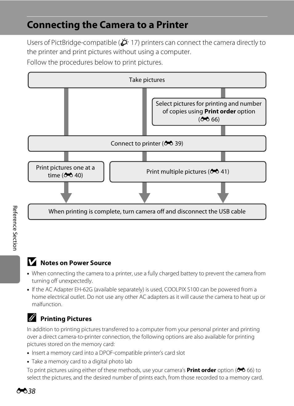 Connecting the camera to a printer, E 38 | Nikon S100 User Manual | Page 146 / 236