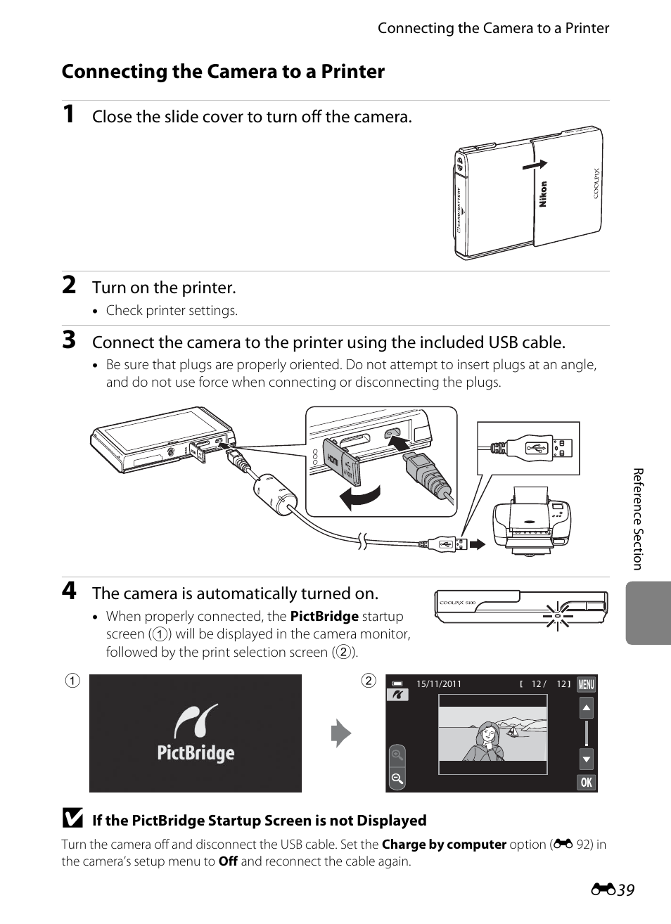 Connecting the camera to a printer, E 39) | Nikon S100 User Manual | Page 147 / 236