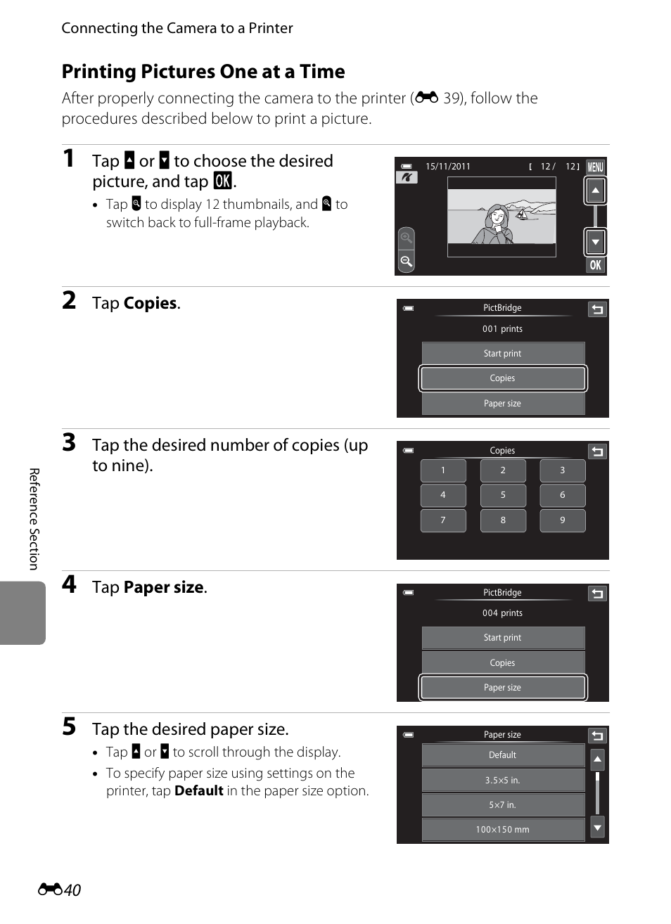 Printing pictures one at a time, E 40), Tap copies | Tap the desired number of copies (up to nine), Tap paper size, Tap the desired paper size | Nikon S100 User Manual | Page 148 / 236