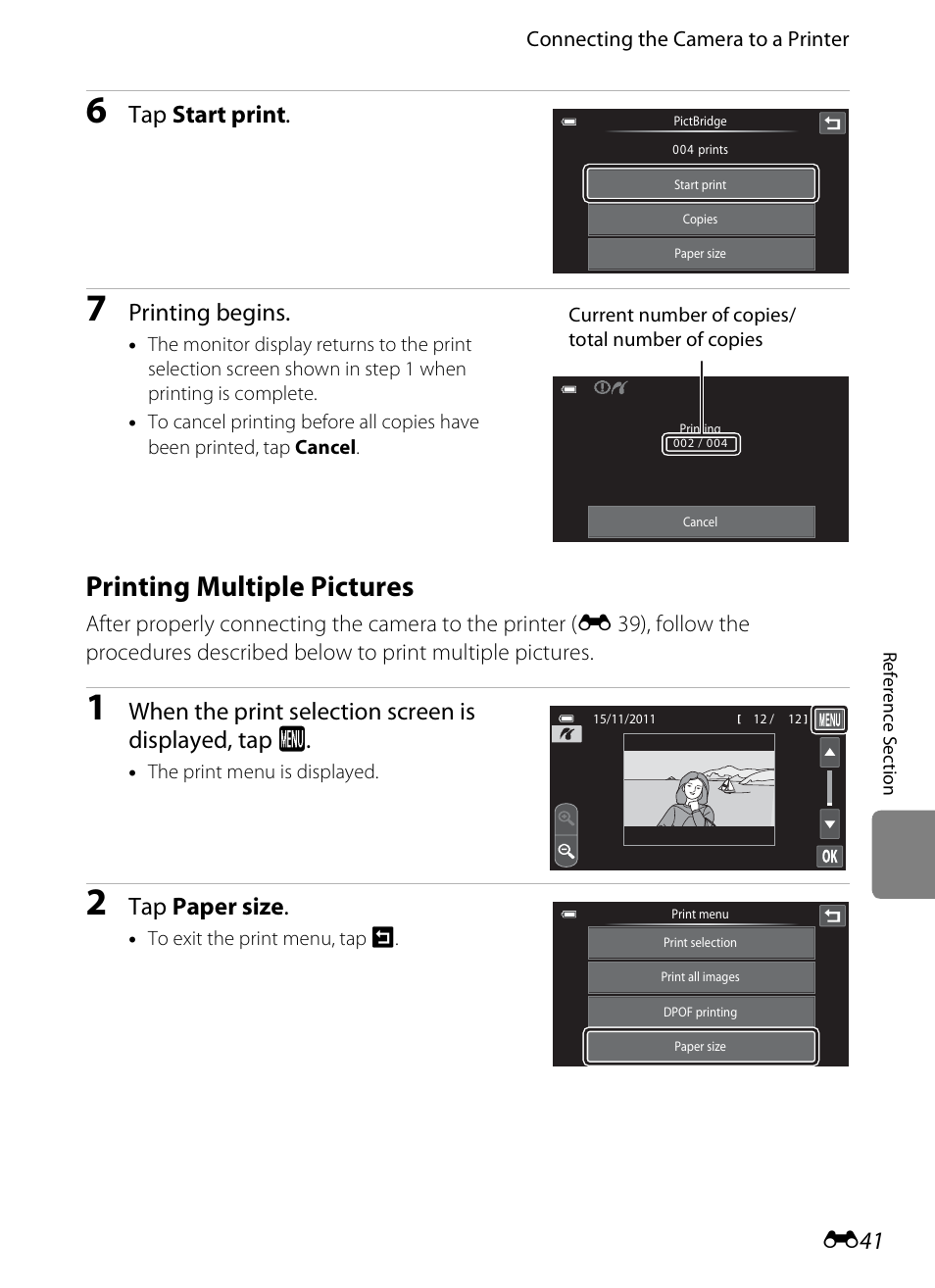 Printing multiple pictures, E 41), Tap start print | Printing begins, Tap paper size | Nikon S100 User Manual | Page 149 / 236