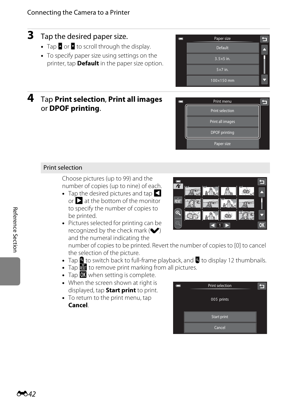 Tap the desired paper size, Connecting the camera to a printer | Nikon S100 User Manual | Page 150 / 236