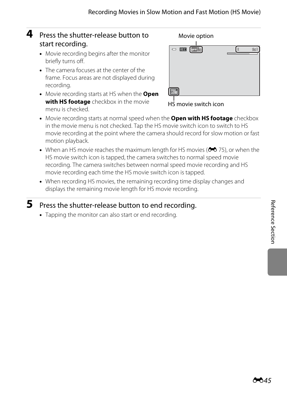E 45, Press the shutter-release button to end recording | Nikon S100 User Manual | Page 153 / 236