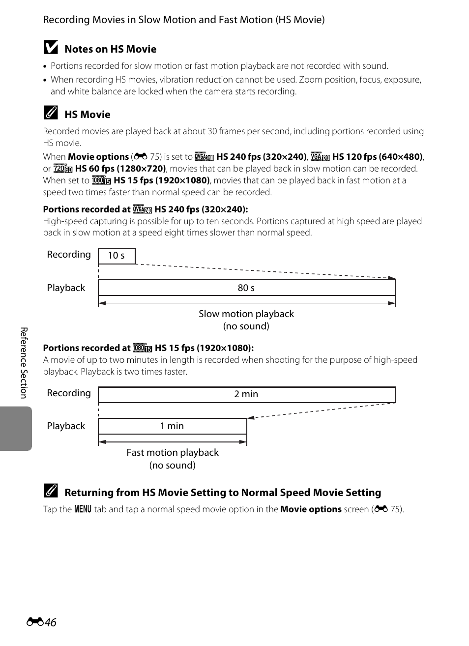 Hs movie” (e 46) | Nikon S100 User Manual | Page 154 / 236