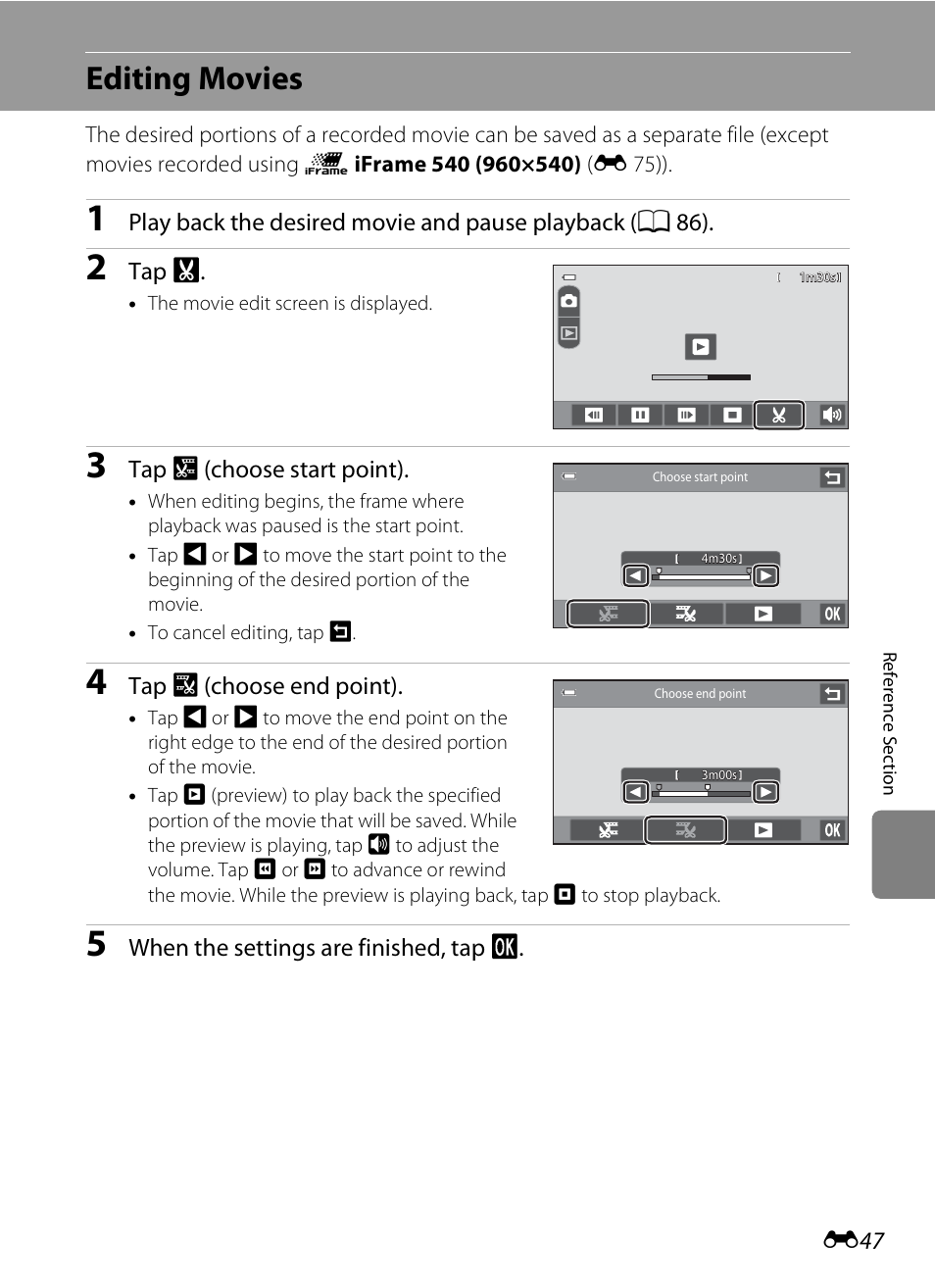 Editing movies, E 47 | Nikon S100 User Manual | Page 155 / 236