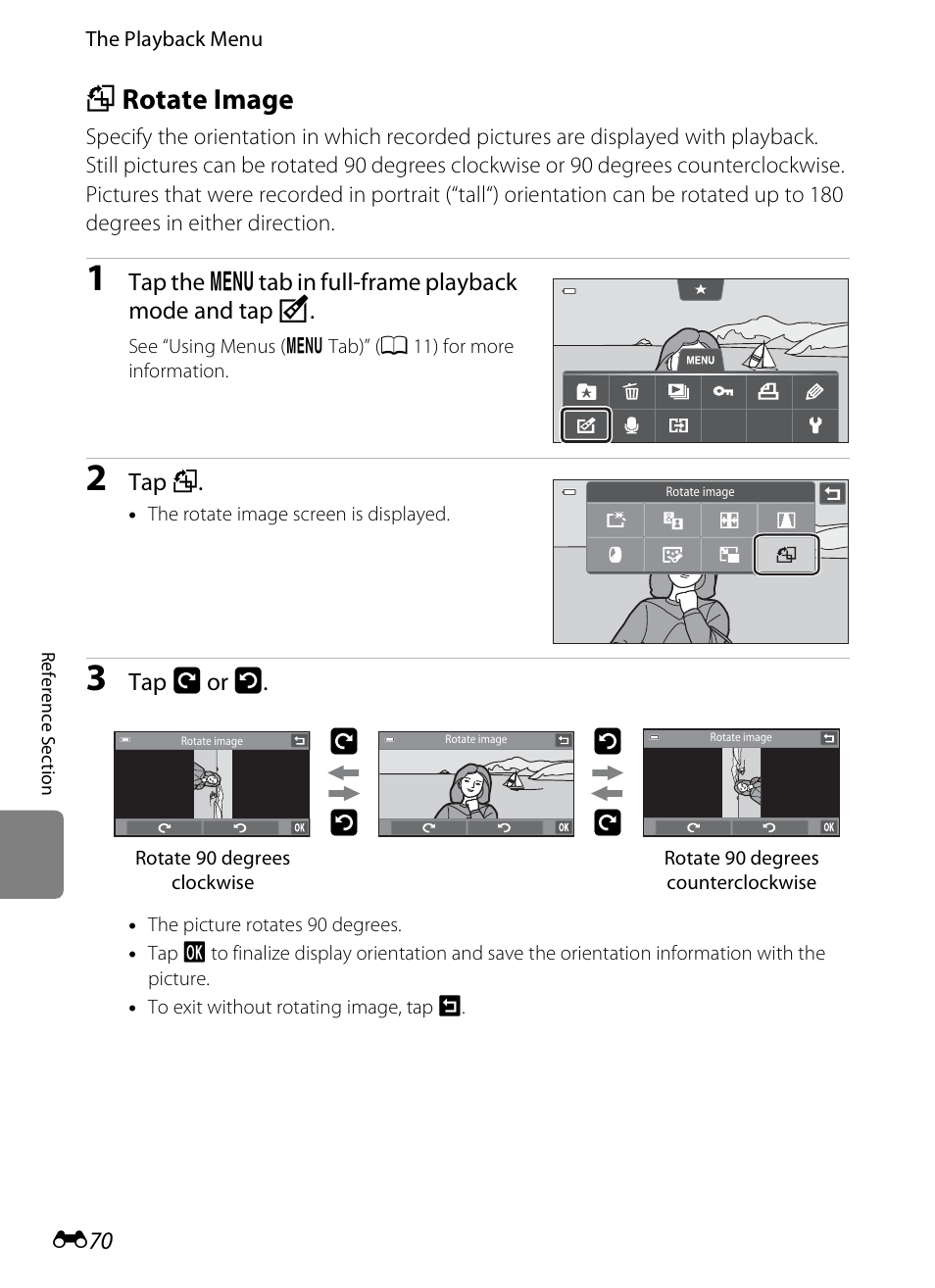 Rotate image, F rotate image, E 70 | E 70) | Nikon S100 User Manual | Page 178 / 236