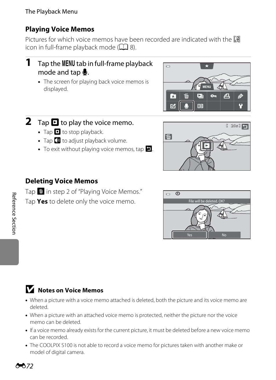 Playing voice memos, E 72) | Nikon S100 User Manual | Page 180 / 236