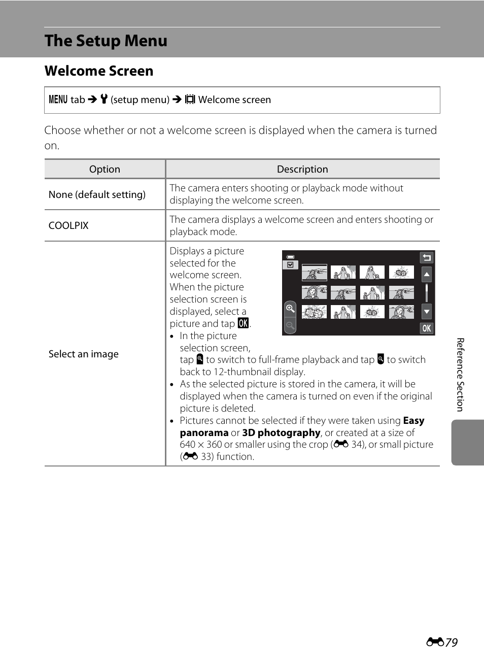 The setup menu, Welcome screen, E 79 | Nikon S100 User Manual | Page 187 / 236
