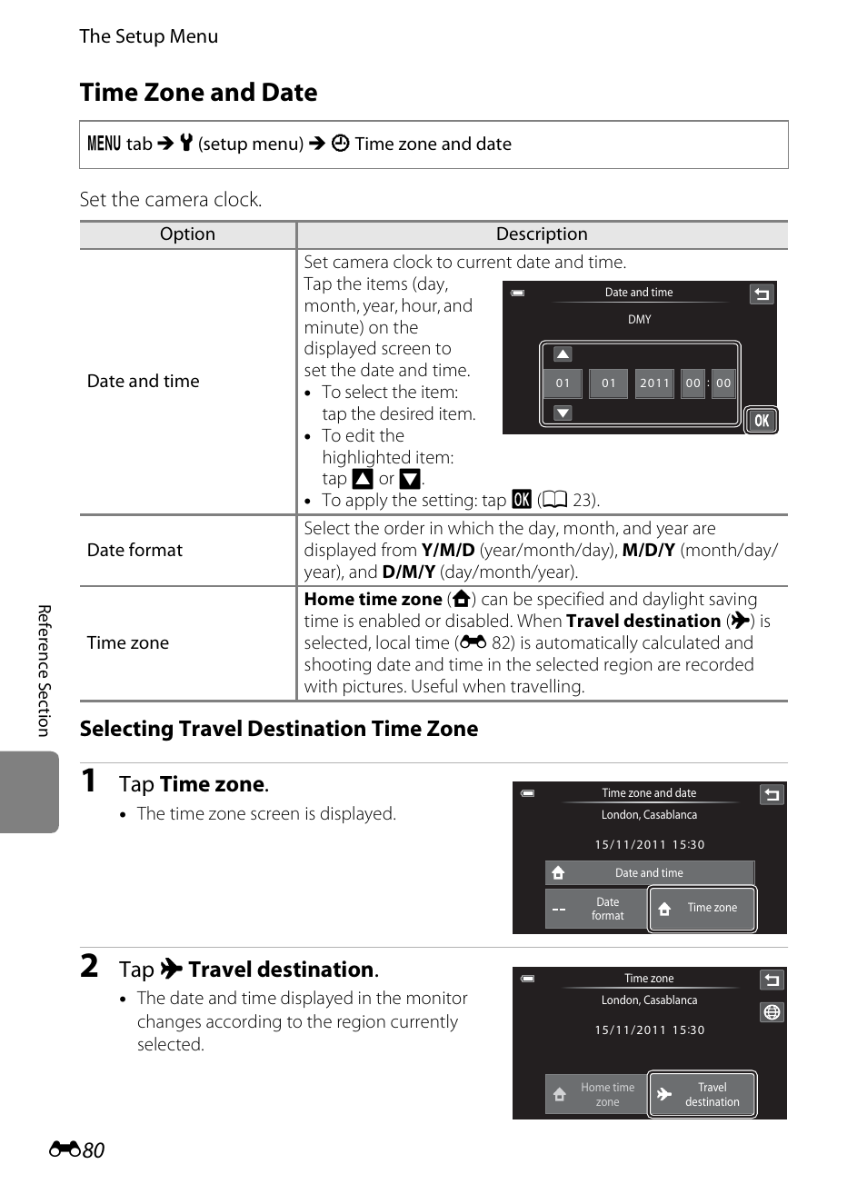 Time zone and date, E 80, E 80) | Selecting travel destination time zone, Tap time zone, Tap x travel destination, Set the camera clock | Nikon S100 User Manual | Page 188 / 236