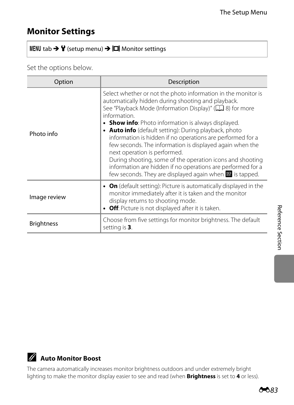 Monitor settings, E 83 | Nikon S100 User Manual | Page 191 / 236
