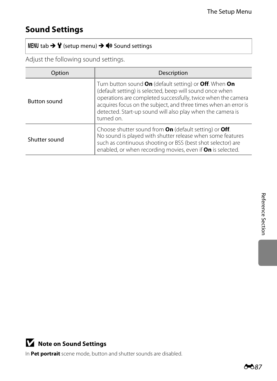 Sound settings, E 87, E 87) | Nikon S100 User Manual | Page 195 / 236