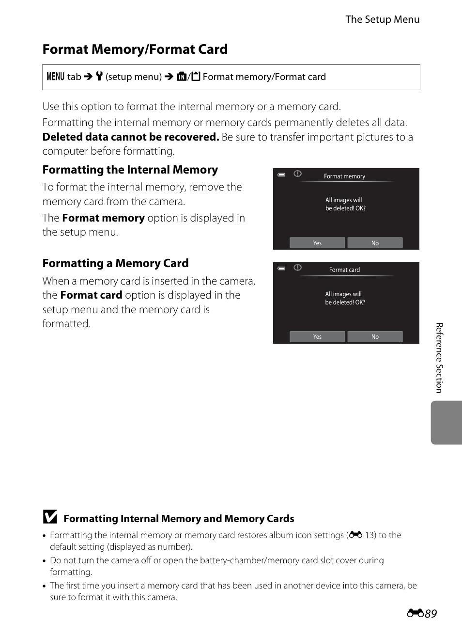 Format memory/format card, E 89 | Nikon S100 User Manual | Page 197 / 236