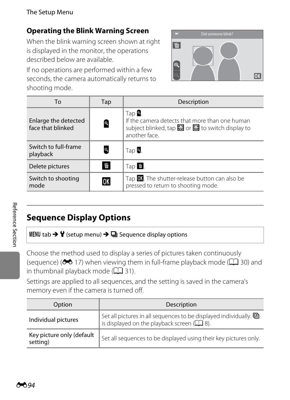 Sequence display options, E 94, E 94) | E 94) in, Operating the blink warning screen, E 94) for | Nikon S100 User Manual | Page 202 / 236