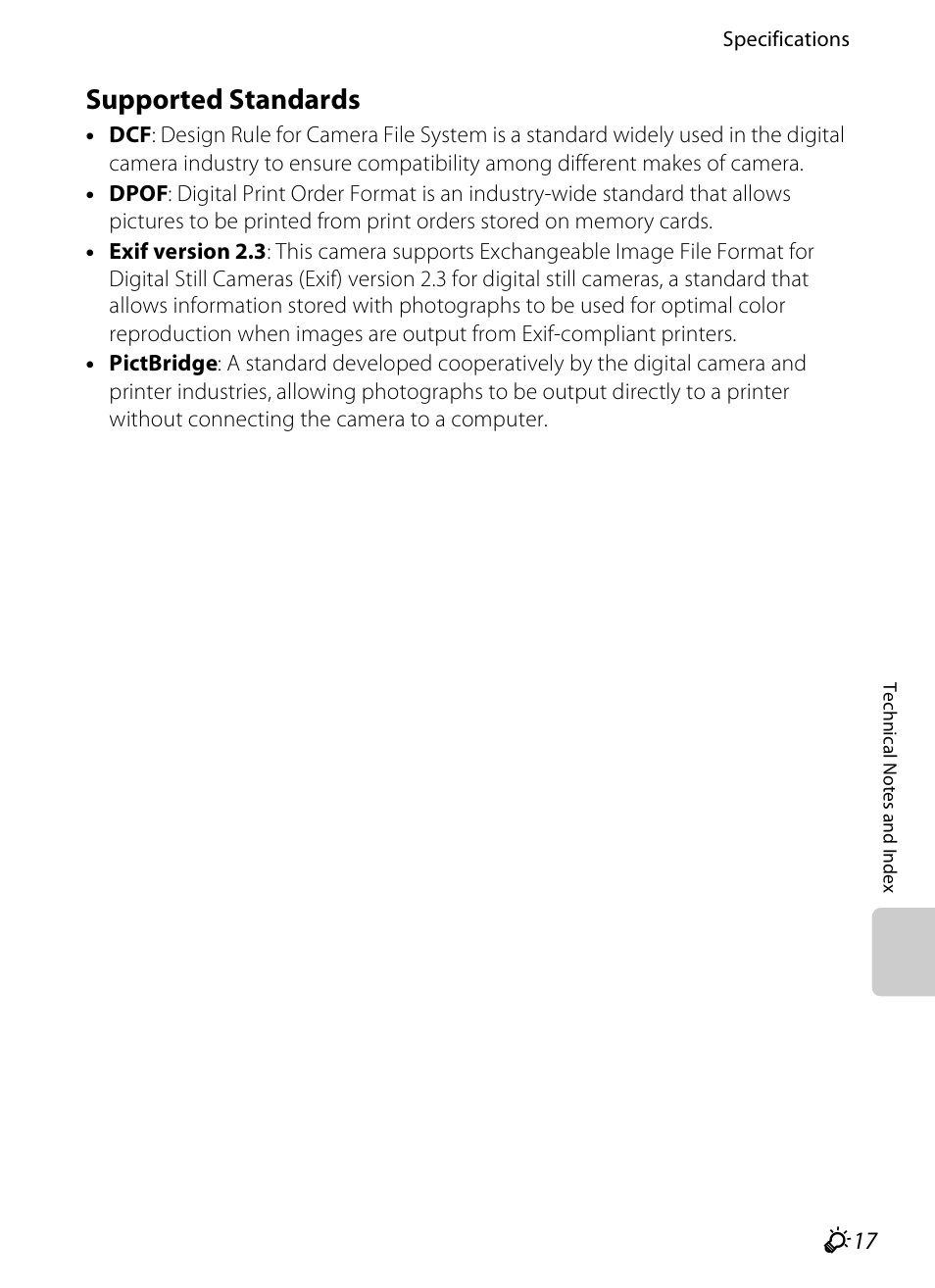 Supported standards, F 17, F 17) | Nikon S100 User Manual | Page 229 / 236