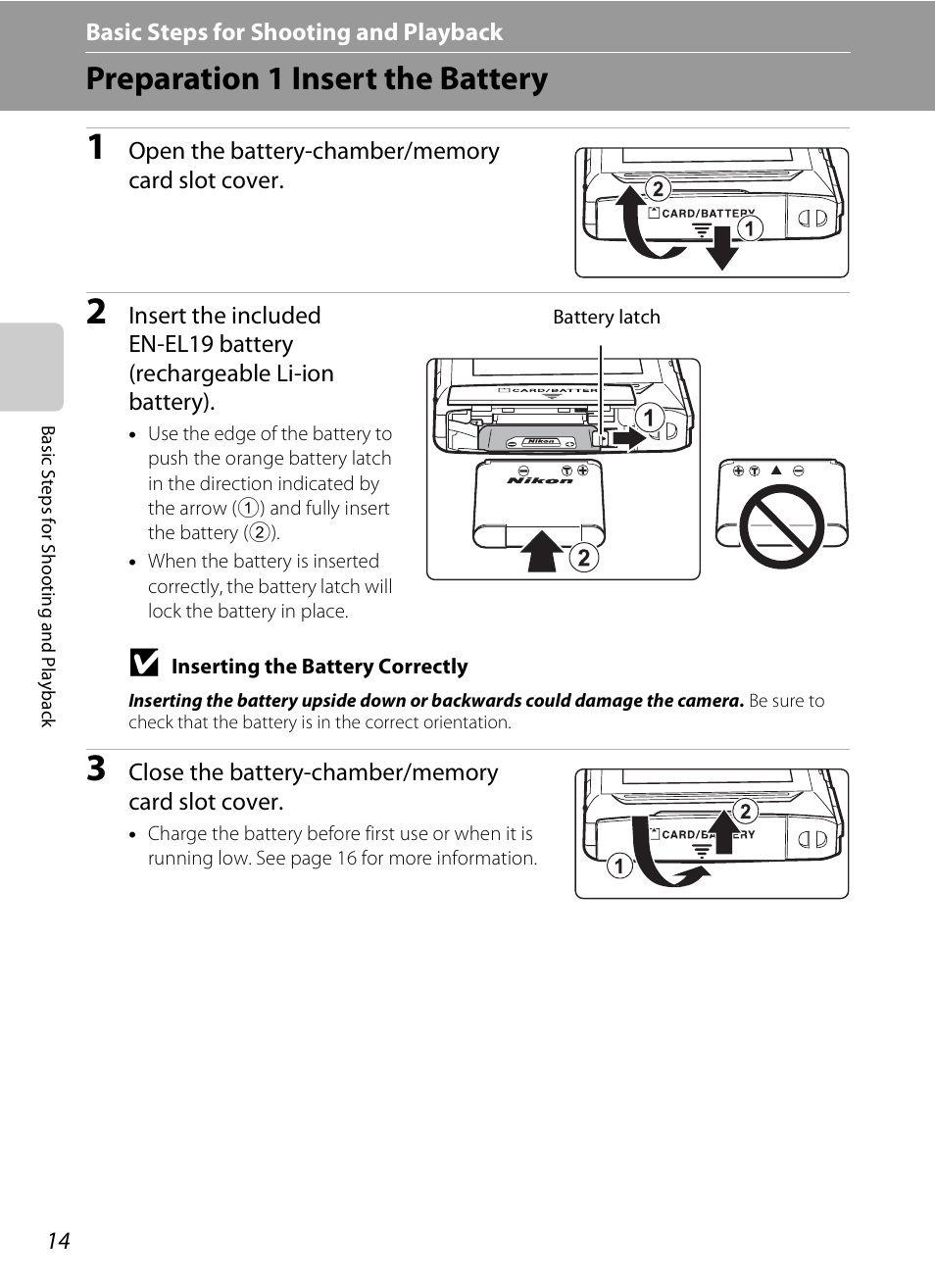 Preparation 1 insert the battery | Nikon S100 User Manual | Page 32 / 236