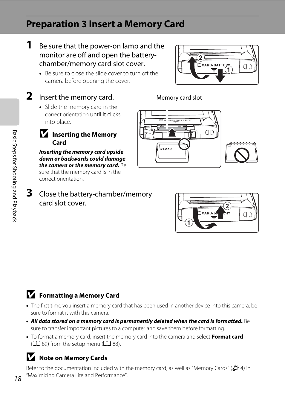 Preparation 3 insert a memory card | Nikon S100 User Manual | Page 36 / 236