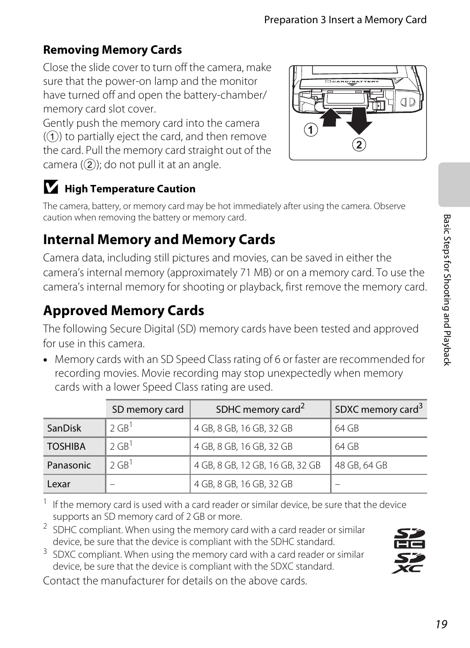 Internal memory and memory cards, Approved memory cards | Nikon S100 User Manual | Page 37 / 236