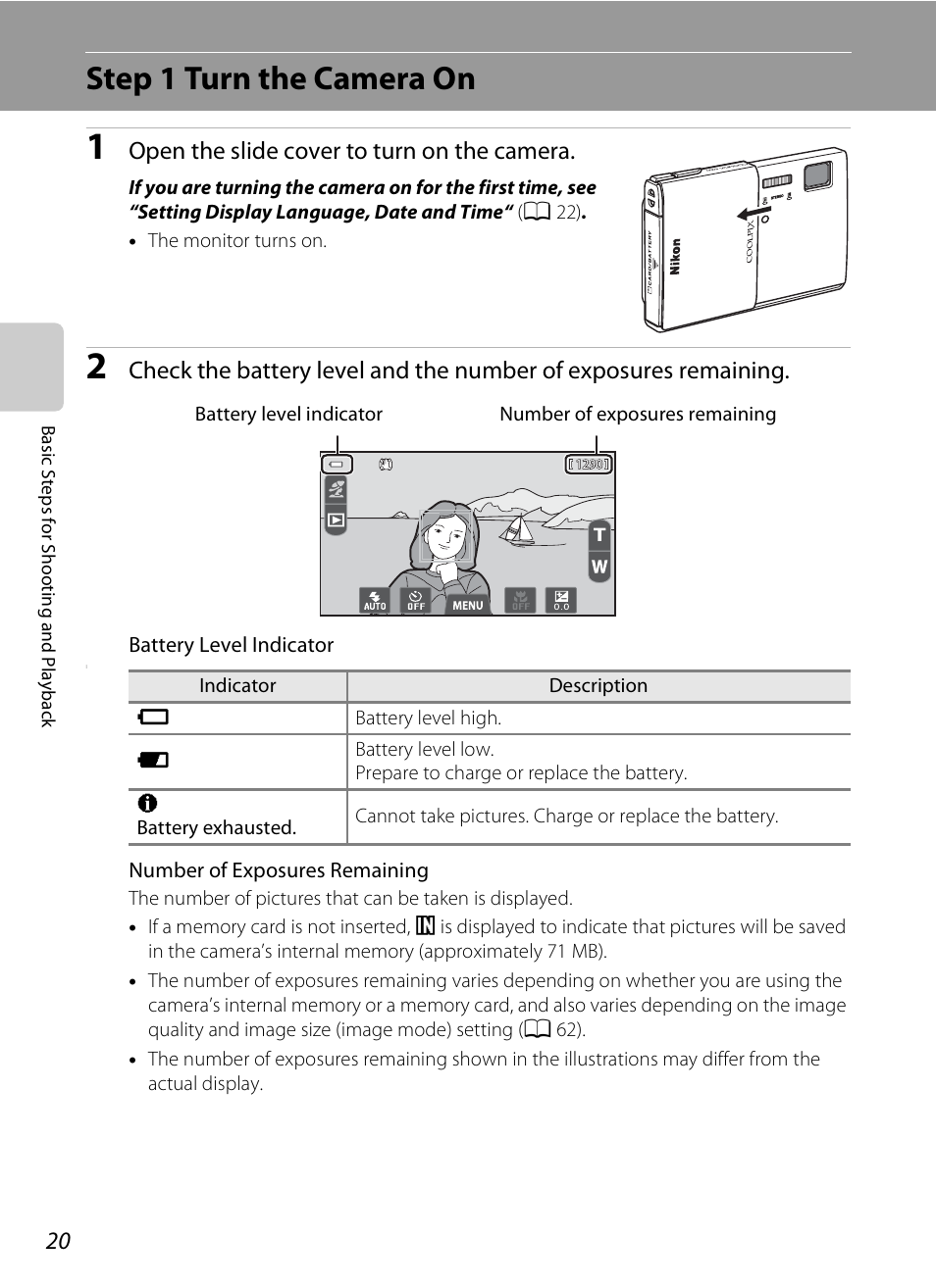Step 1 turn the camera on, Open the slide cover to turn on the camera | Nikon S100 User Manual | Page 38 / 236
