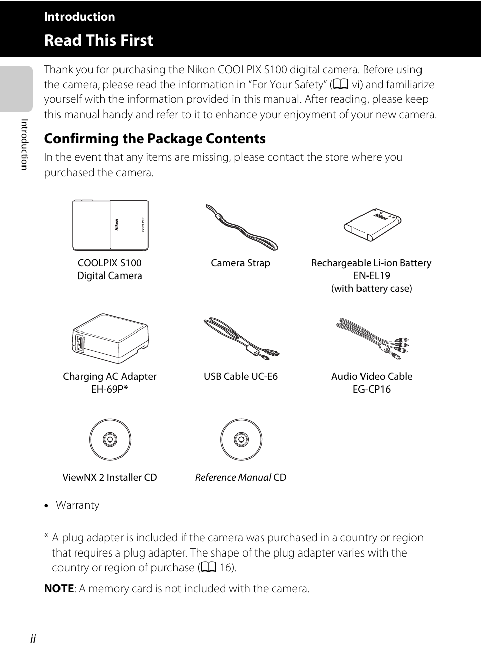 Introduction, Read this first, Confirming the package contents | Nikon S100 User Manual | Page 4 / 236