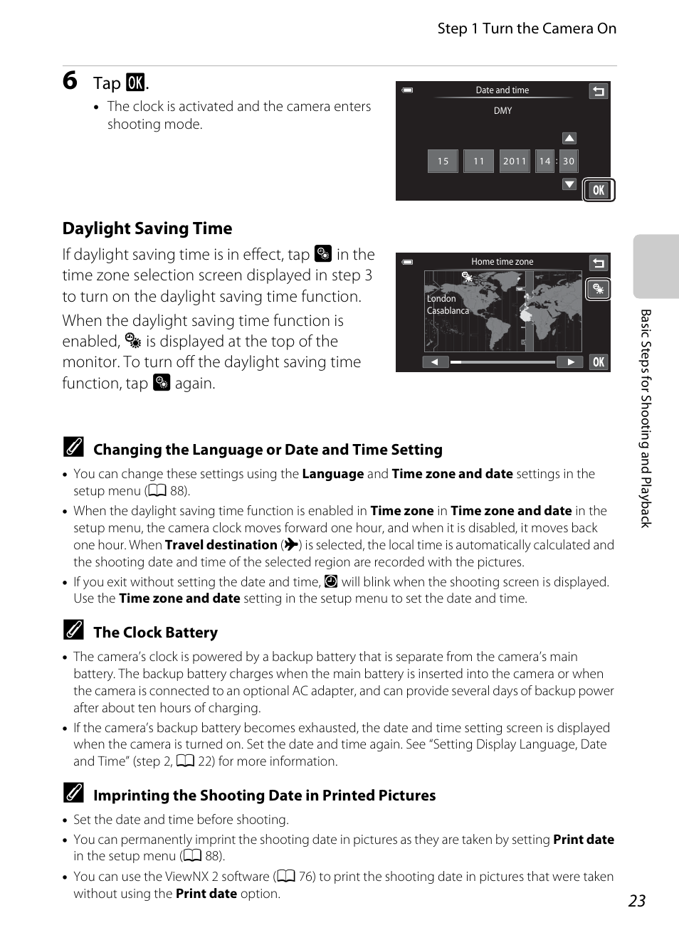 Tap i, Daylight saving time | Nikon S100 User Manual | Page 41 / 236