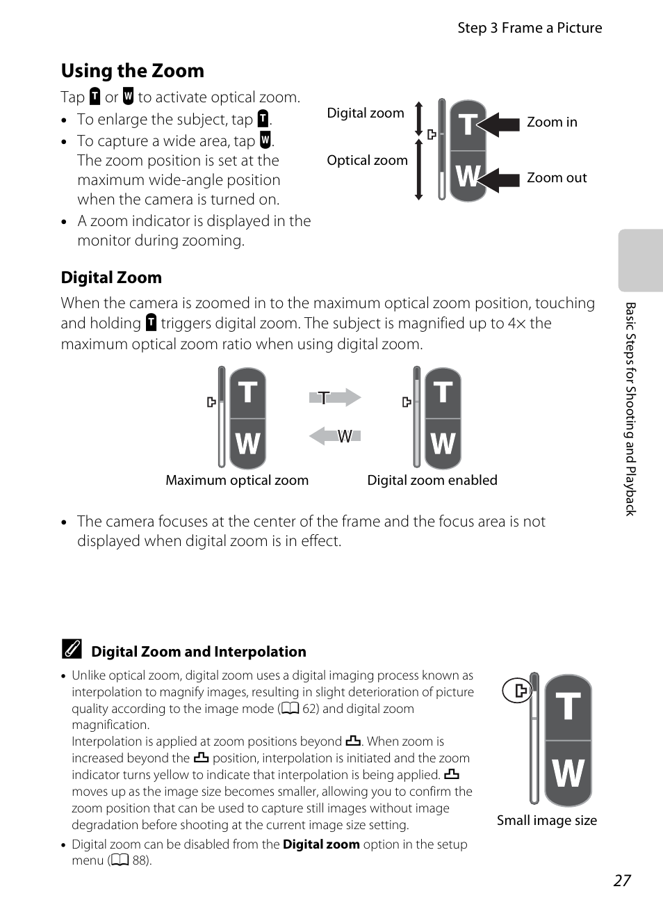 Using the zoom, Digital zoom | Nikon S100 User Manual | Page 45 / 236