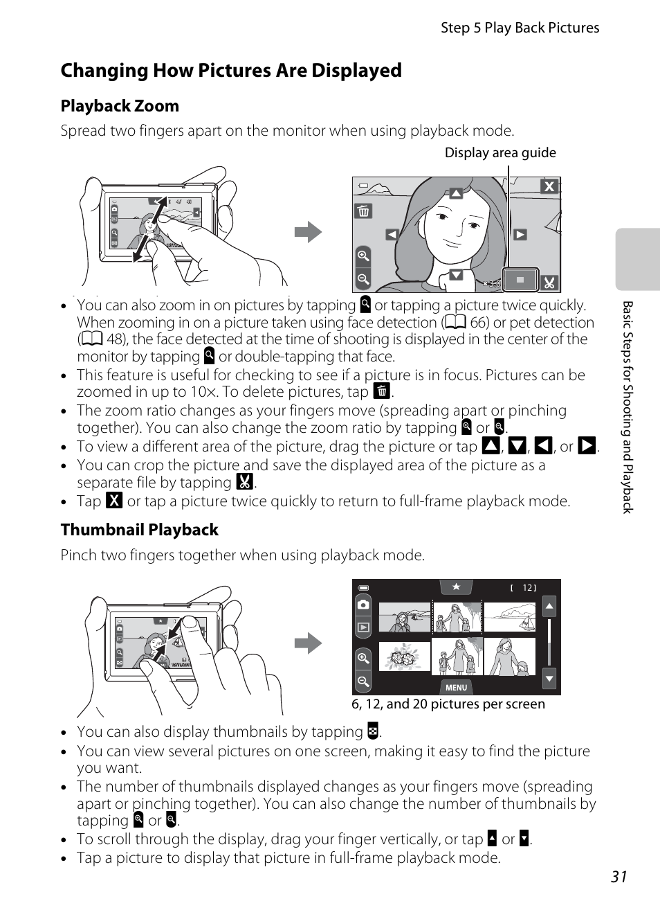 Changing how pictures are displayed, A 31, Playback zoom | Thumbnail playback | Nikon S100 User Manual | Page 49 / 236