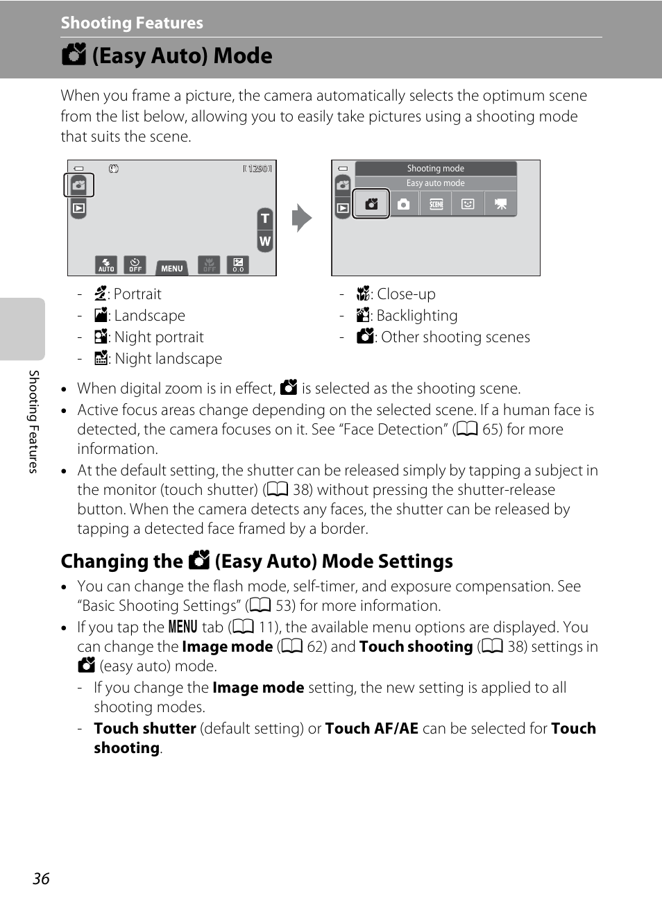 Easy auto mode, Changing the easy auto mode settings, G (easy auto) mode | Changing the g (easy auto) mode settings, A 36, A 36) | Nikon S100 User Manual | Page 54 / 236