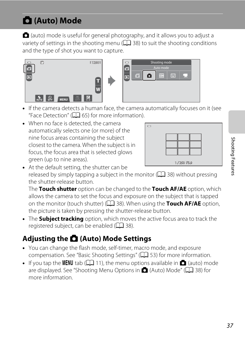Auto mode, Adjusting the auto mode settings, A (auto) mode | Adjusting the a (auto) mode settings, A 37 | Nikon S100 User Manual | Page 55 / 236
