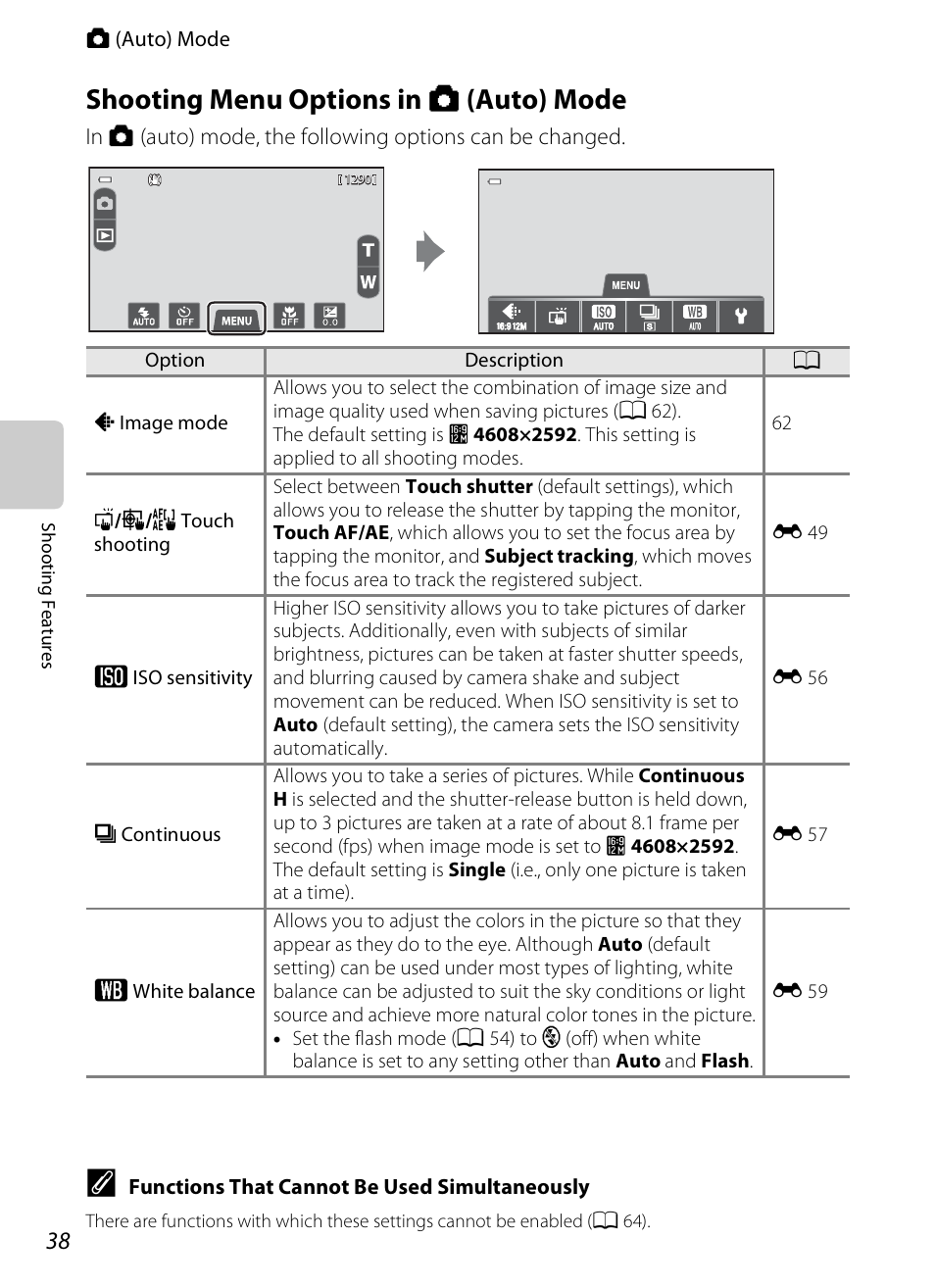 Shooting menu options in auto mode, Shooting menu options in a (auto) mode, Q/s/r touch shooting” (a 38) fo | A 38, A 38) s, A 38) wi, Tter), A 38), E “shooting menu options in a (auto) mode | Nikon S100 User Manual | Page 56 / 236