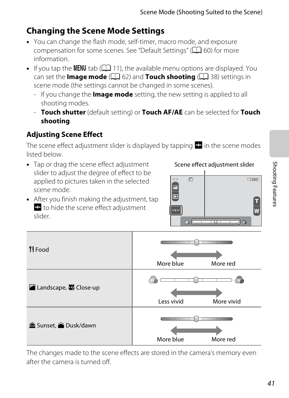Changing the scene mode settings, Adjusting scene effect | Nikon S100 User Manual | Page 59 / 236