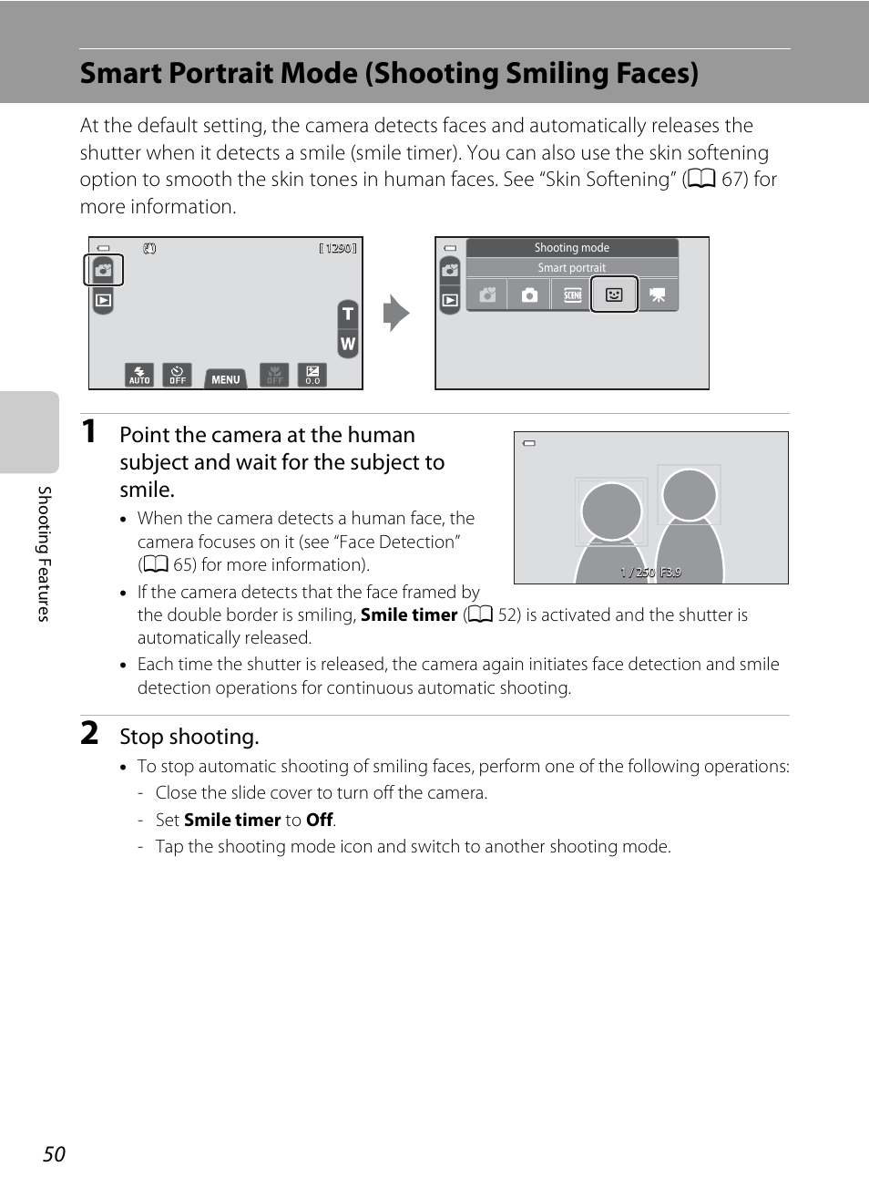 Smart portrait mode (shooting smiling faces), A 50, Stop shooting | Nikon S100 User Manual | Page 68 / 236