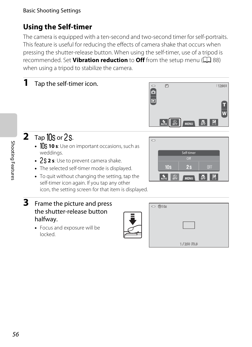 Using the self-timer, A 56), Tap the self-timer icon | Tap y or z | Nikon S100 User Manual | Page 74 / 236