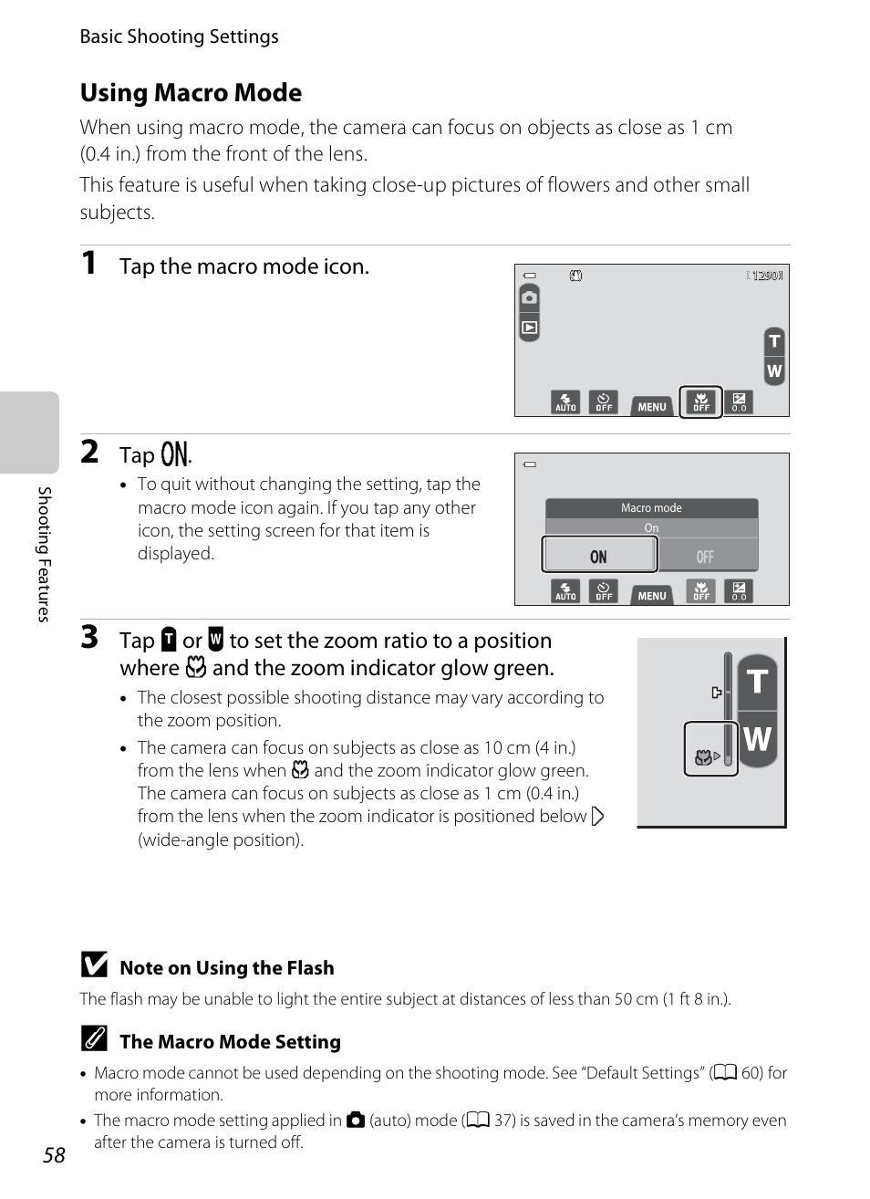 Using macro mode, A 58) is en, A 58 | A 58) | Nikon S100 User Manual | Page 76 / 236