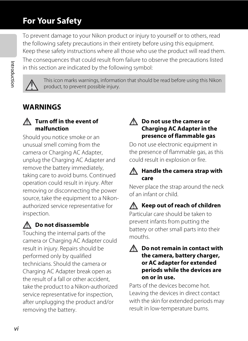 For your safety, Warnings | Nikon S100 User Manual | Page 8 / 236