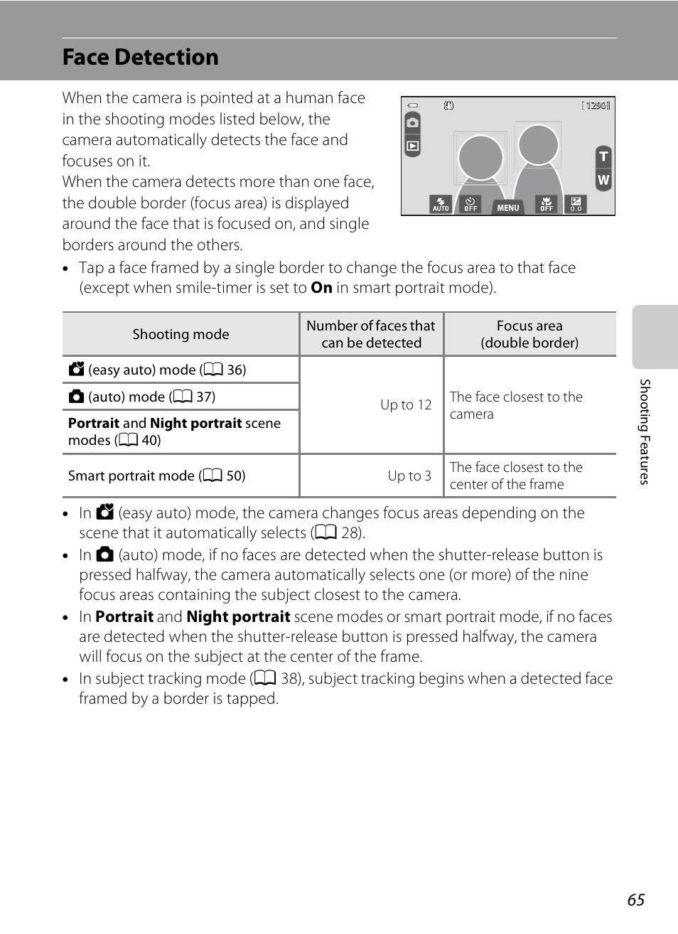 Face detection, E “face detection, A 65) | A 65) f, A 65) fo, A 65, 65 fo, A 65) for | Nikon S100 User Manual | Page 83 / 236