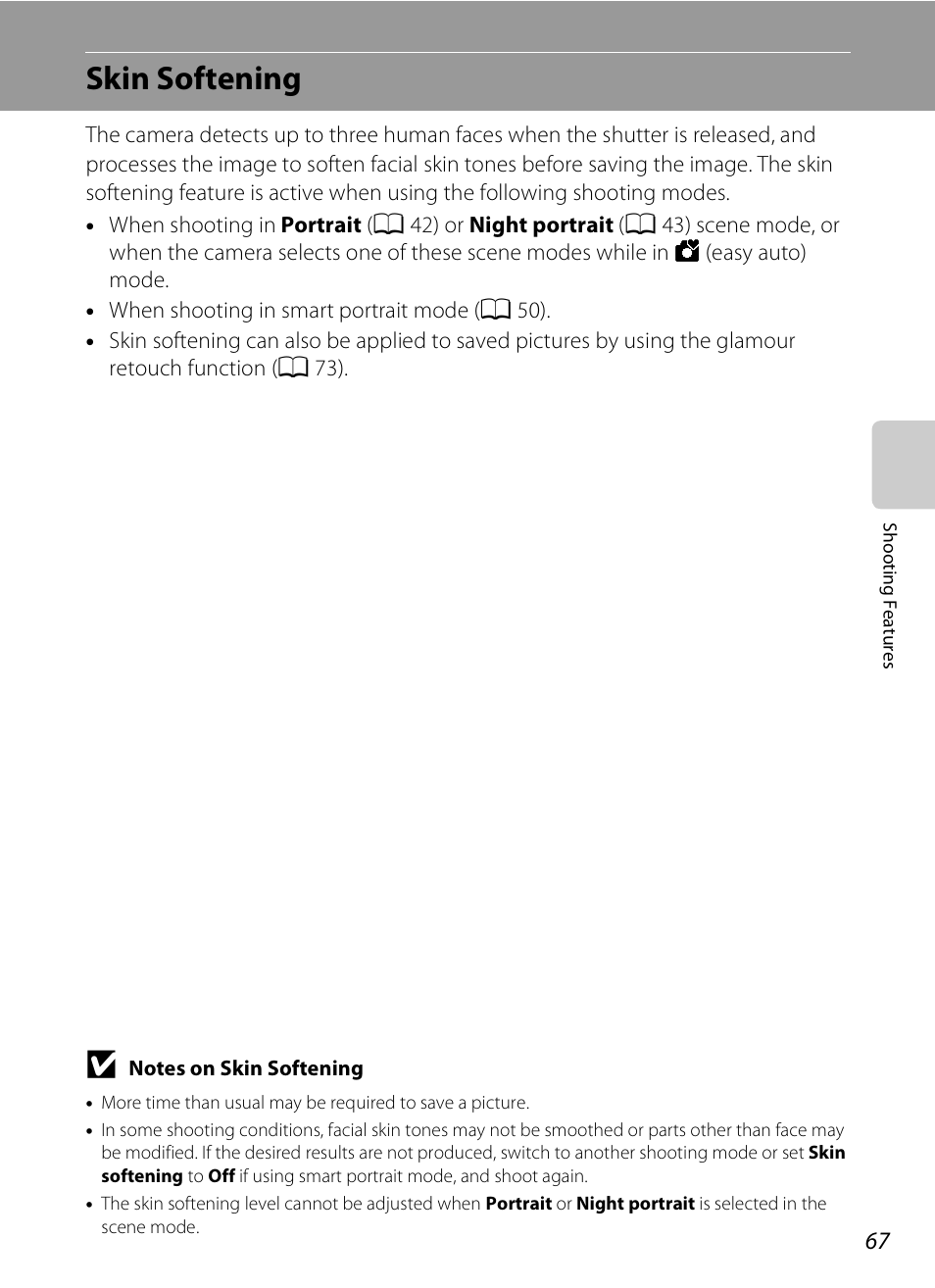 Skin softening, A 67) | Nikon S100 User Manual | Page 85 / 236