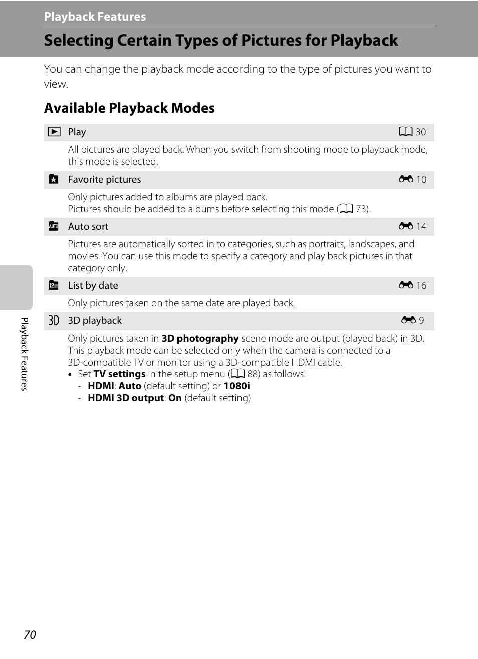 Selecting certain types of pictures for playback, Available playback modes, A 70 | A 70), Playback features | Nikon S100 User Manual | Page 88 / 236
