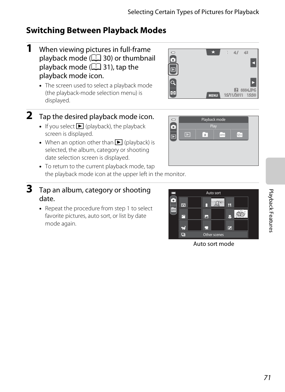 Switching between playback modes, Tap the desired playback mode icon, Tap an album, category or shooting date | Nikon S100 User Manual | Page 89 / 236