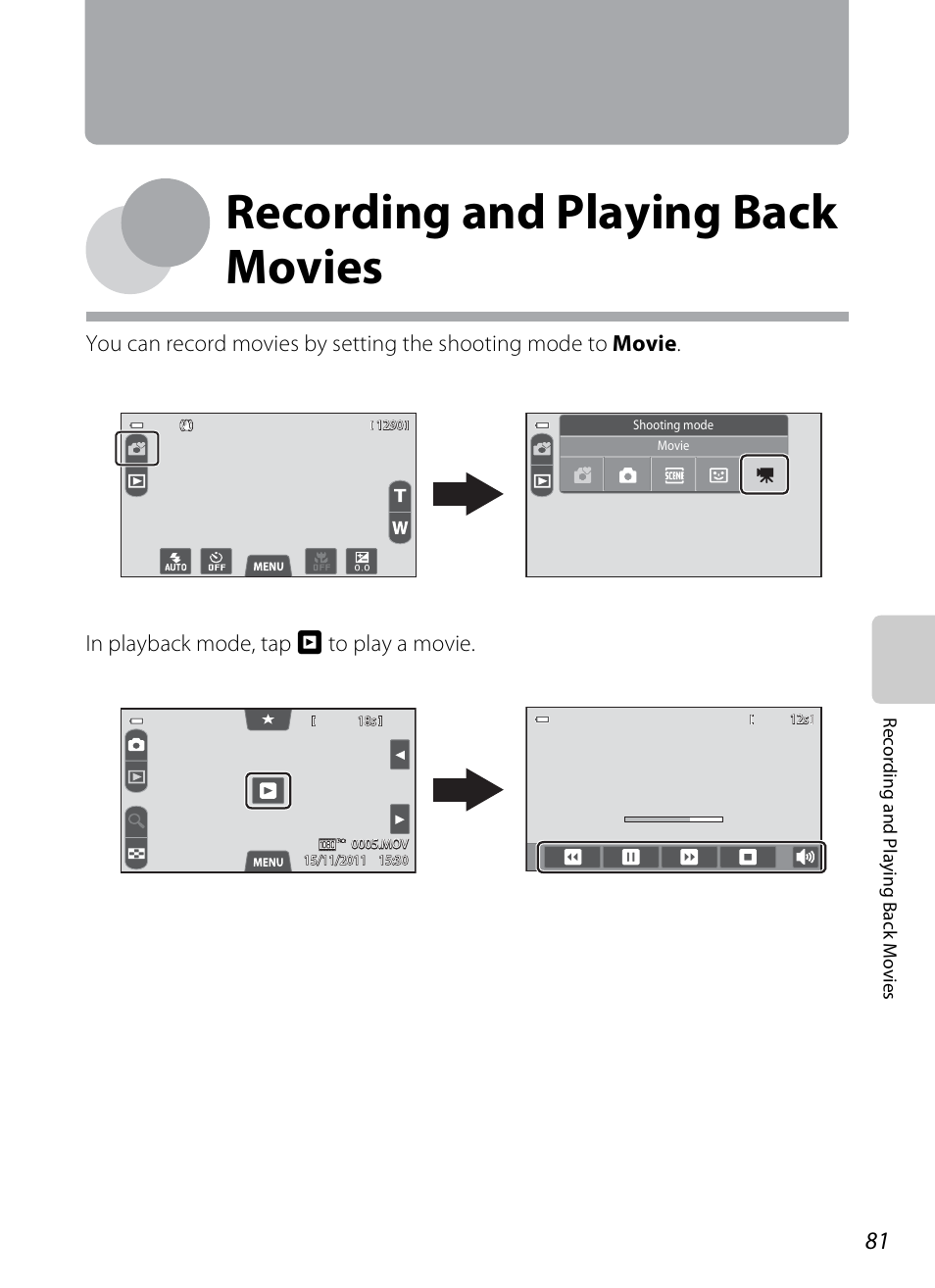 Recording and playing back movies | Nikon S100 User Manual | Page 99 / 236