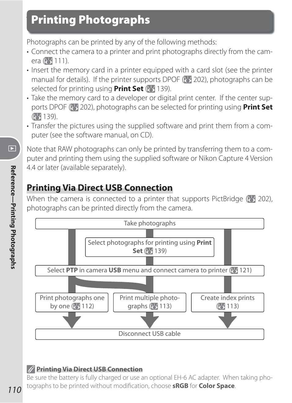 Printing photographs, Printing via direct usb connection | Nikon D200 User Manual | Page 120 / 221