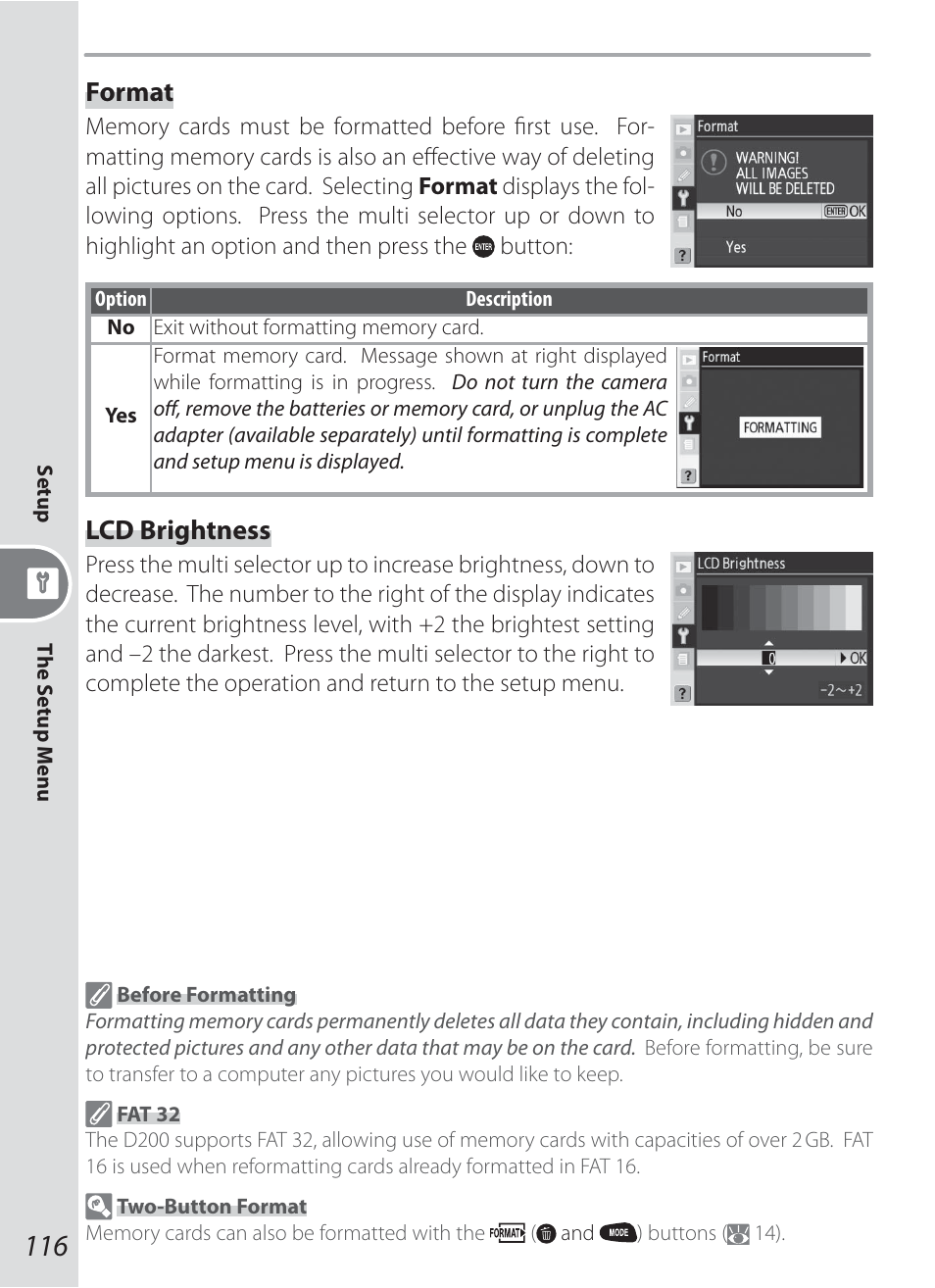 Format, Lcd brightness | Nikon D200 User Manual | Page 126 / 221